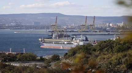 An oil tanker is moored at the Sheskharis complex