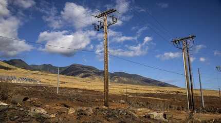 Bare electrical wire and leaning poles