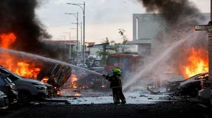 emergency personnel works to extinguish the fire