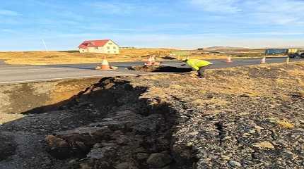 cracks, emerged on a road due to volcanic