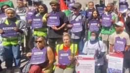 Protesters hold 55 press jackets outside BBC for journalists killed by Israel