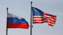 National flags of Russia and the U.S..