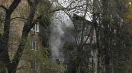 damaged building seen at the scene of Russian shelling in Kyiv